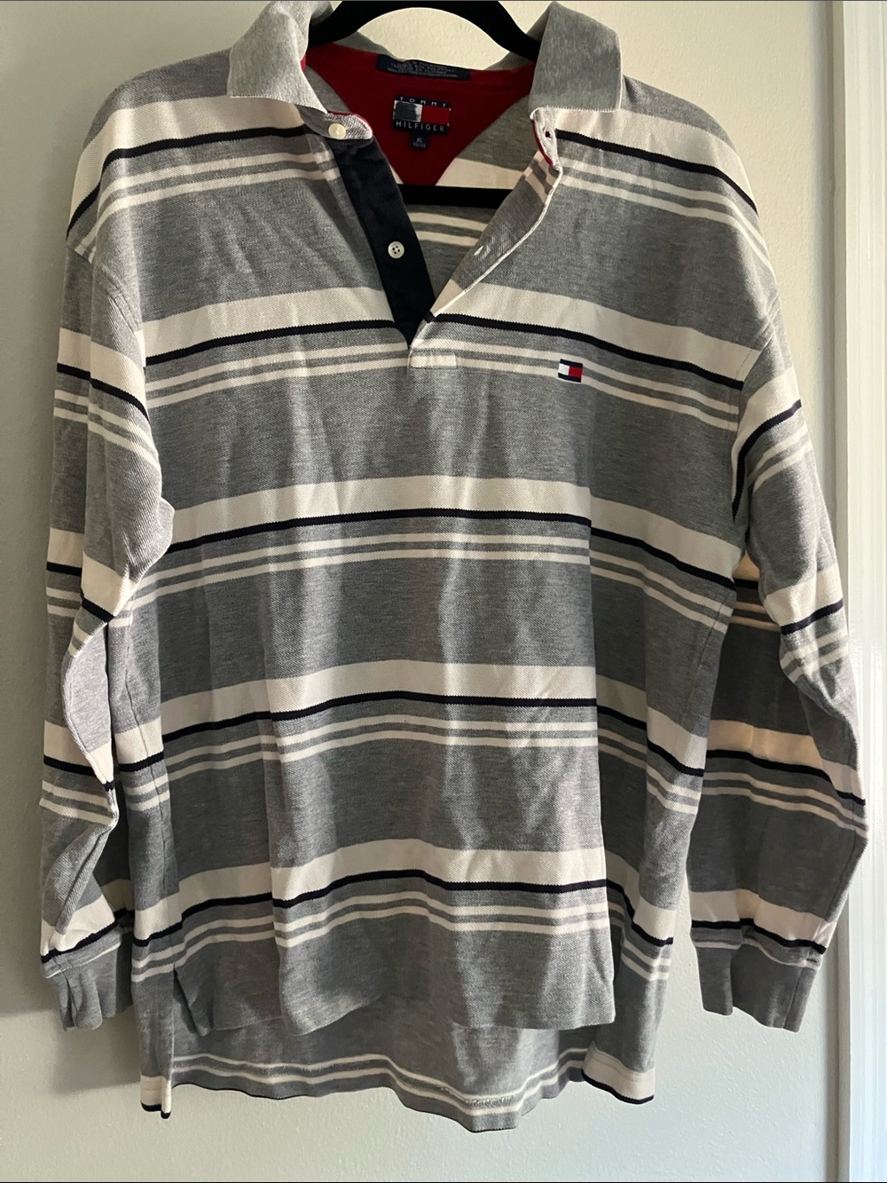Tommy Hilfiger Gray and White Striped Long-Sleeve Rugby Polo XL